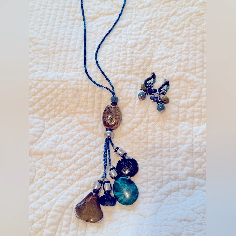 Handcrafted Blue and Green Beaded Necklace Set